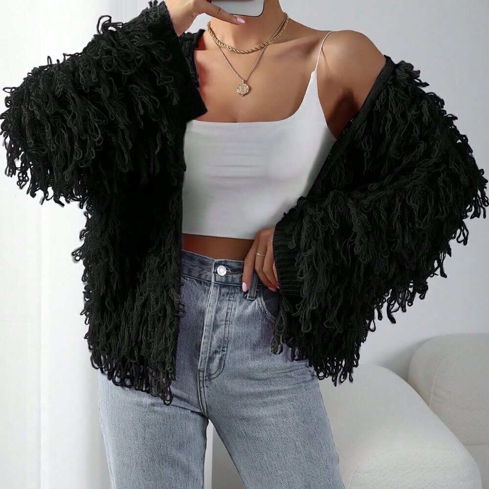 Black Casual Women's Solid Color Coil Knitted Cardigan